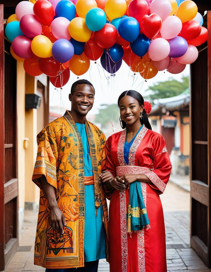 A heartwarming scene featuring a diverse couple, one person of Asian descent and the other of African descent, holding hands and smiling warmly at each other. Surround them with cultural elements like traditional clothing, food items, and landmarks from their respective backgrounds. Symbolic motifs like heart-shaped balloons and a globe in the background to represent love and global unity. vibrant colors. super-realistic.