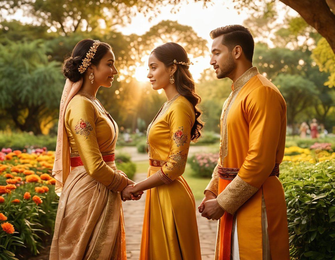 A heartwarming scene featuring a mixed-race couple holding hands, gazing lovingly into each other's eyes, set in a beautiful park with diverse cultural elements subtly present (e.g., different traditional attire, cultural symbols). A warm sunset casting a golden glow over the scene, with a soft-focus background highlighting the couple. super-realistic. vibrant colors.