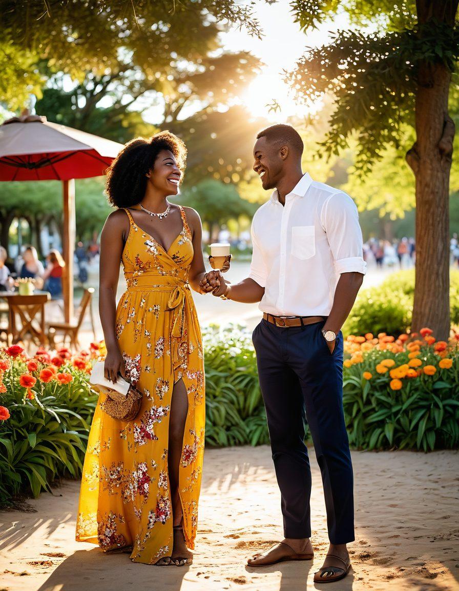 A vibrant scene showcasing diverse and beautiful interracial couples in various settings—one couple strolling in a colorful park, another enjoying a cozy coffee date, and a third sharing a laugh on a beach at sunset. Include elements that highlight their different cultural backgrounds, like traditional clothing and unique jewelry. Ensure the image conveys joy, connection, and harmony. Super-realistic. Vibrant colors. Warm lighting.